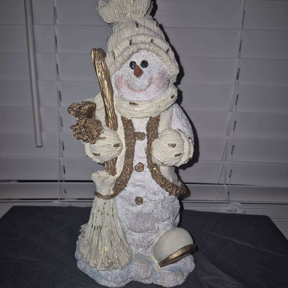 Vintage Rustic Resin Snowman Figurine with Toboggan and Broom-12 inches tall